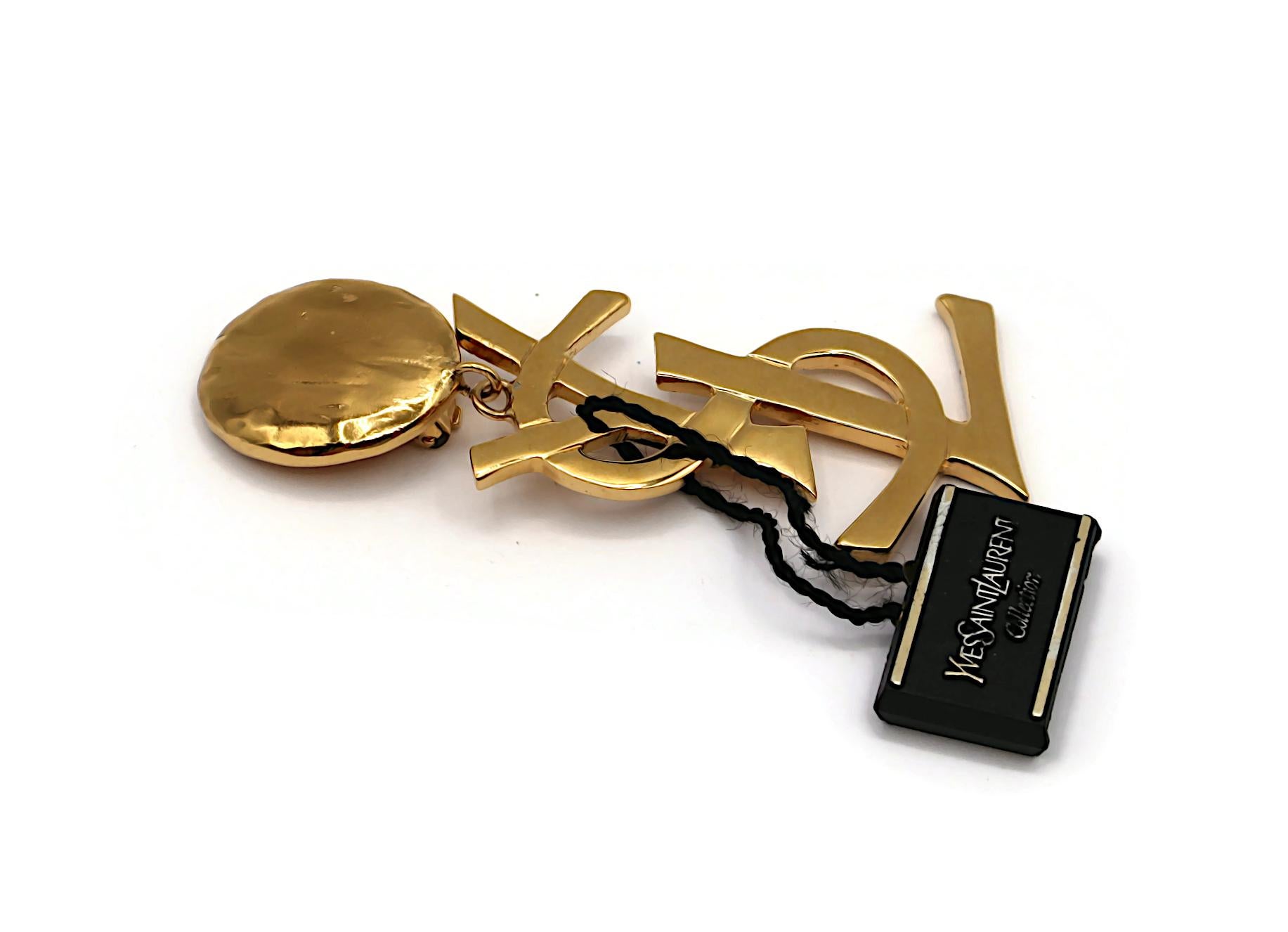 YVES SAINT LAURENT YSL Vintage Massive Gold Tone Iconic Logo Dangling Earrings For Sale 5
