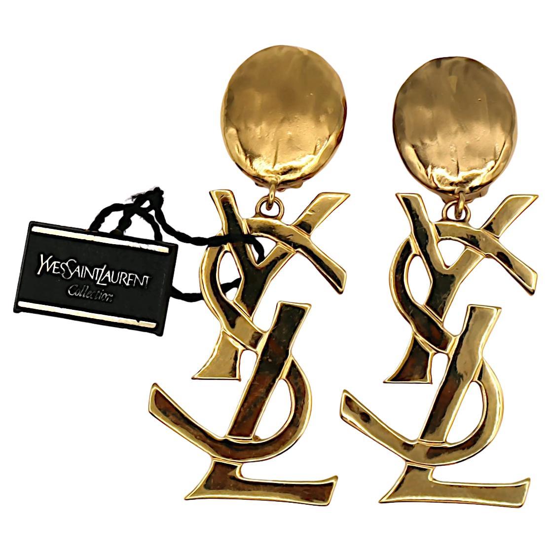 YVES SAINT LAURENT YSL Vintage Massive Gold Tone Iconic Logo Dangling Earrings For Sale