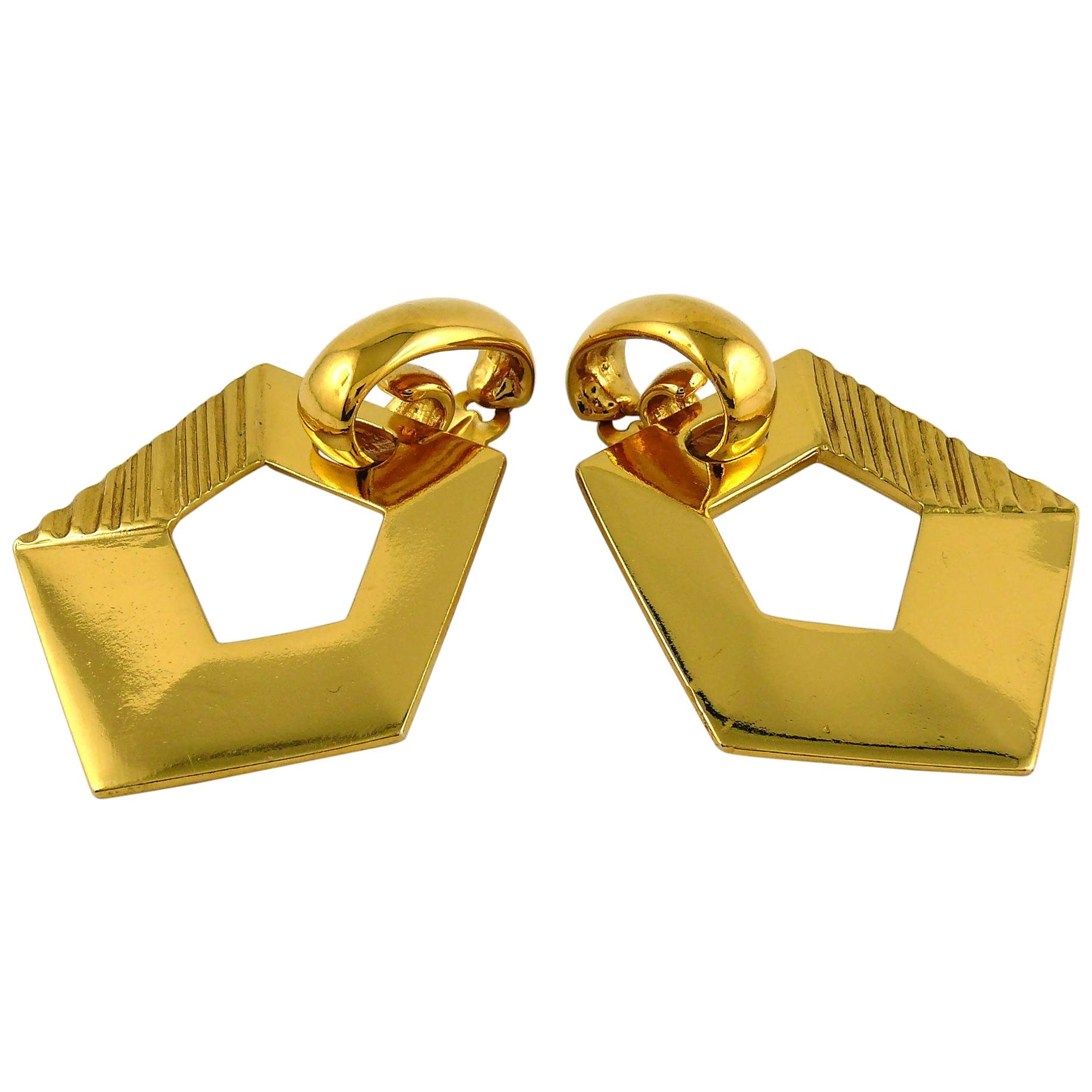 Yves Saint Laurent YSL Vintage Massive Gold Toned Geometric Dangling Earrings