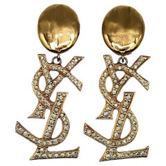 YVES SAINT LAURENT YSL Vintage Massive Jewelled Logo Dangle Earrings