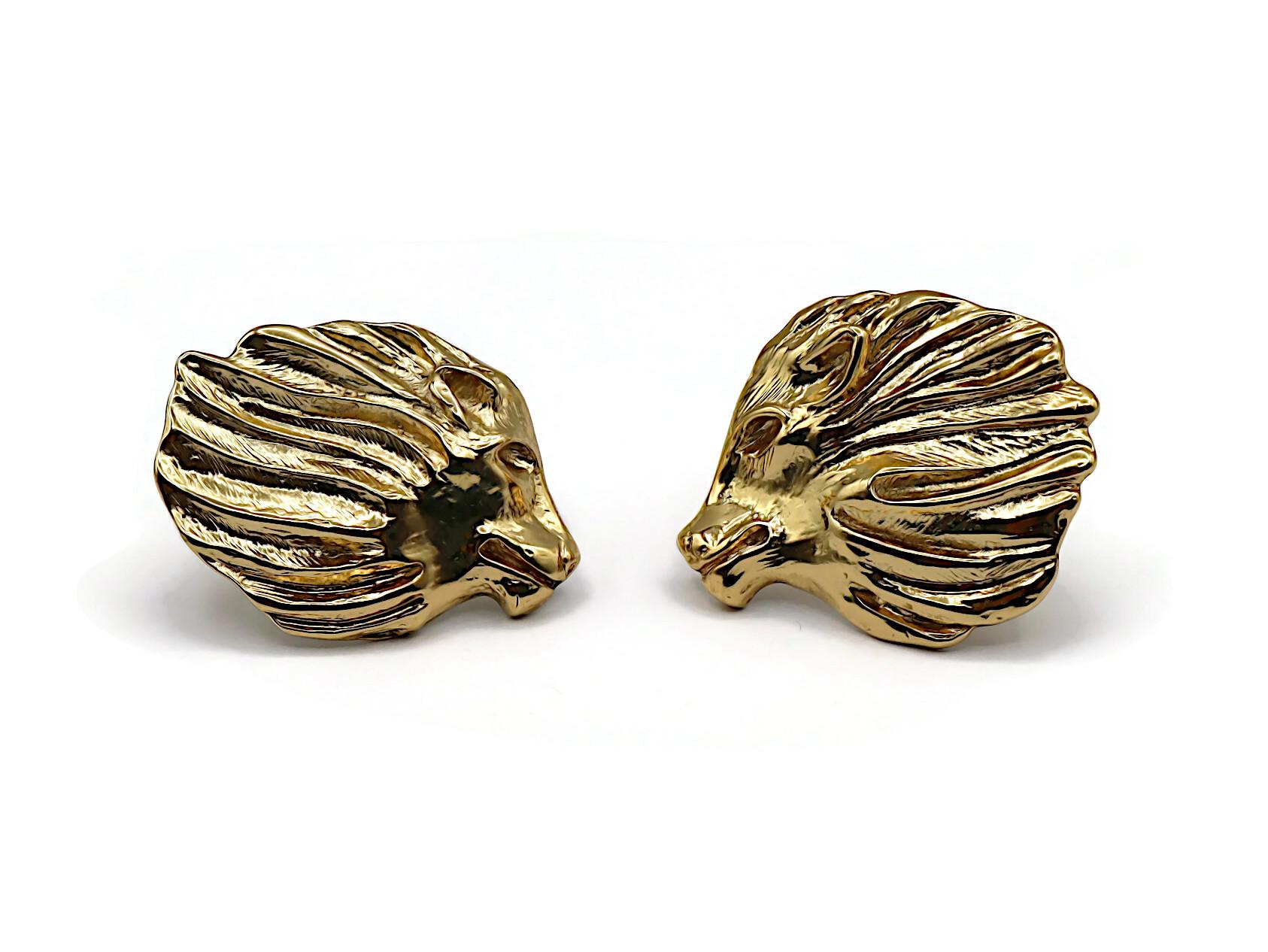 Women's YVES SAINT LAURENT YSL Vintage Massive Gold Tone Lion Head Clip-On Earrings For Sale