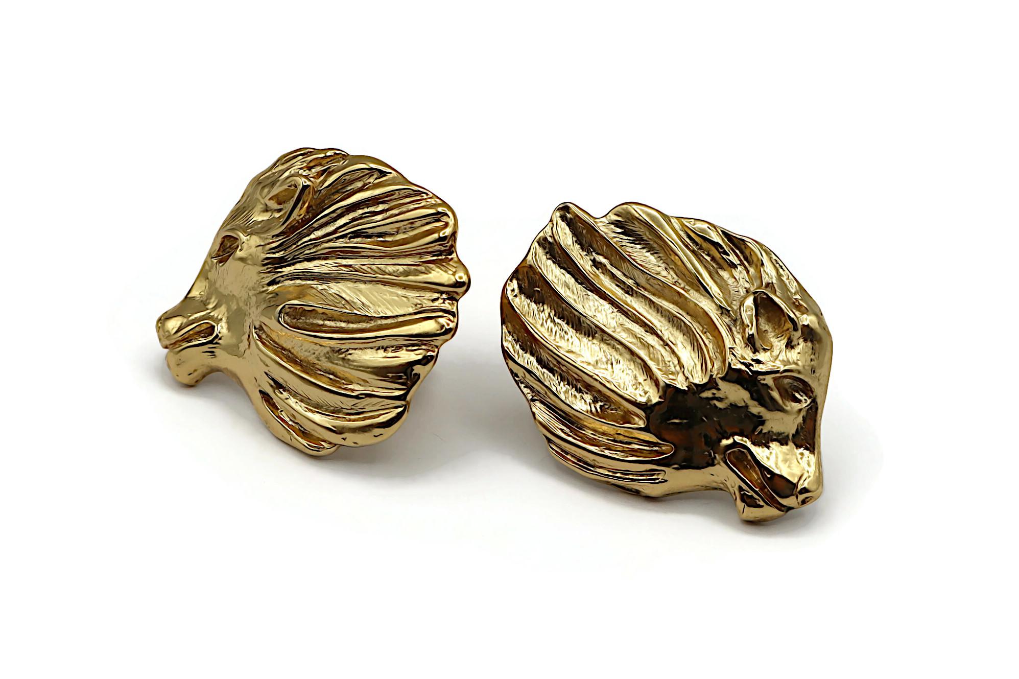 YVES SAINT LAURENT YSL Vintage Massive Gold Tone Lion Head Clip-On Earrings For Sale 1