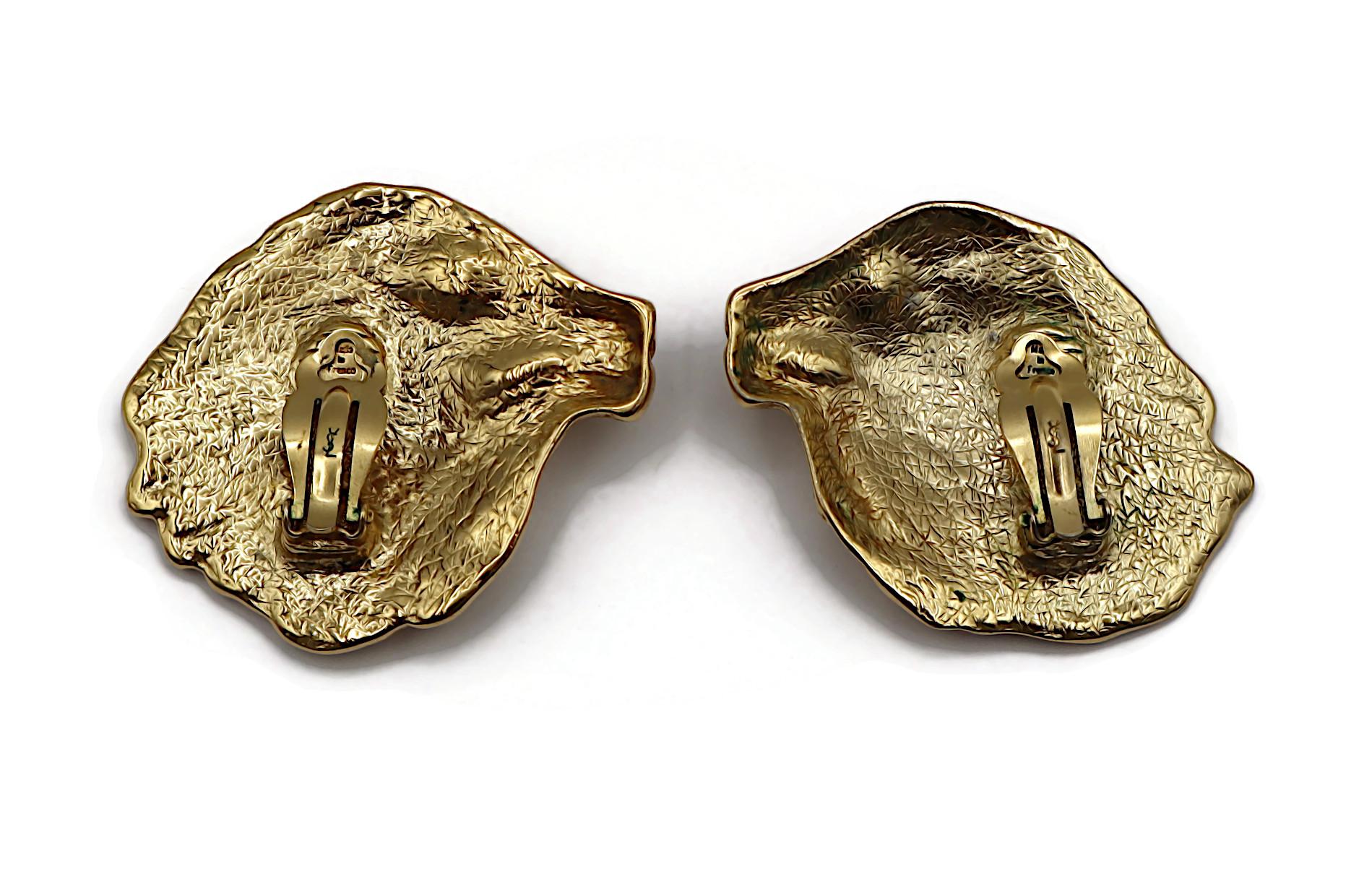 YVES SAINT LAURENT YSL Vintage Massive Gold Tone Lion Head Clip-On Earrings For Sale 2