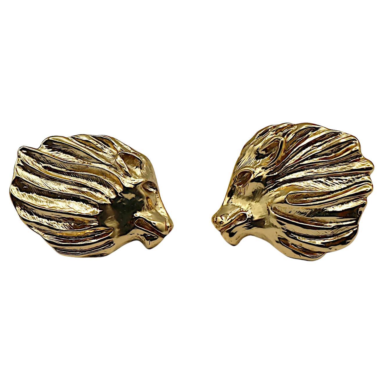 YVES SAINT LAURENT YSL Vintage Massive Gold Tone Lion Head Clip-On Earrings For Sale