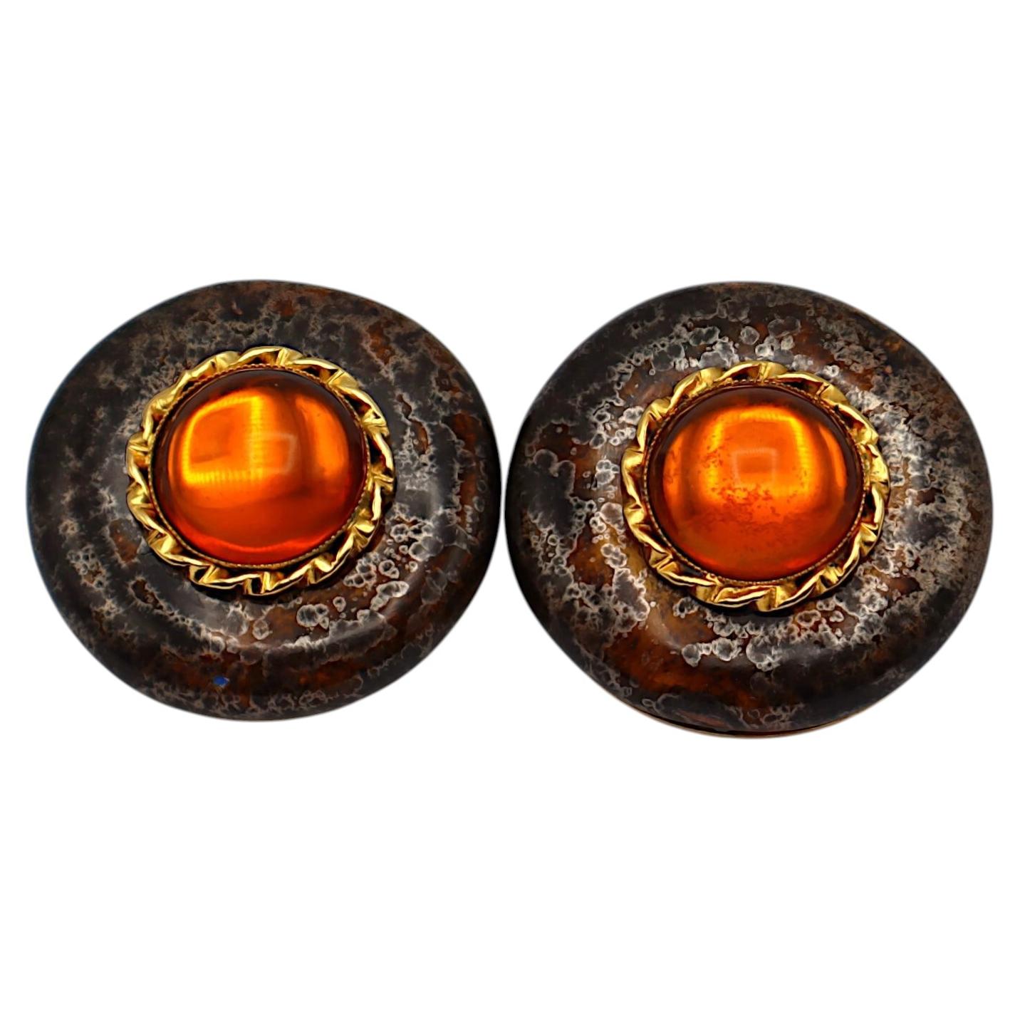 YVES SAINT LAURENT YSL Vintage Massive Orange Glas Cabochon Clip-On Ohrringe im Angebot