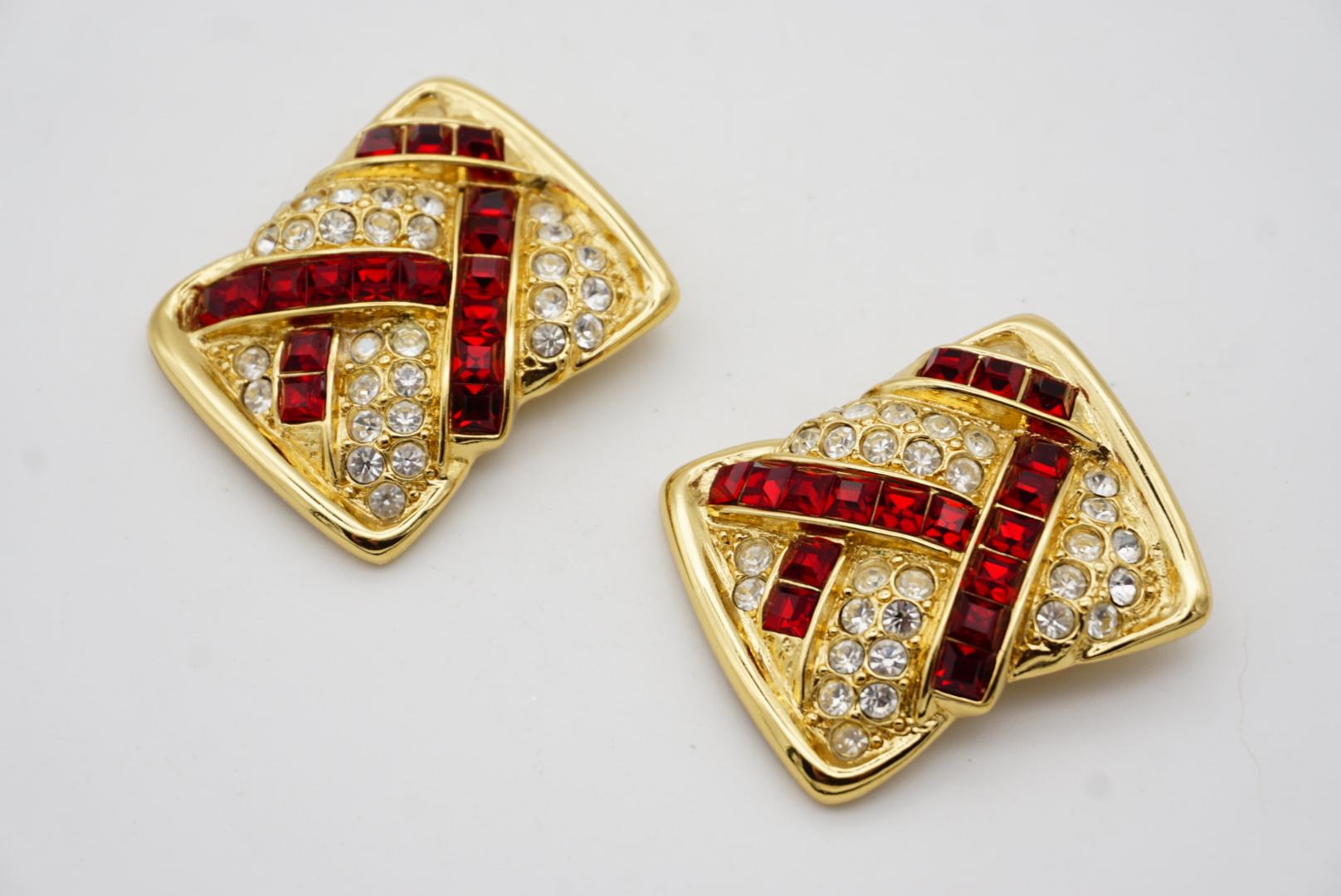 Yves Saint Laurent YSL Vintage Massive Rectangle Ruby Crystal Clip Gold Earrings For Sale 5
