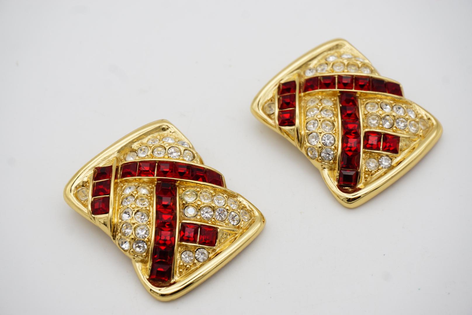 Yves Saint Laurent YSL Vintage Massive Rectangle Ruby Crystal Clip Gold Earrings For Sale 6
