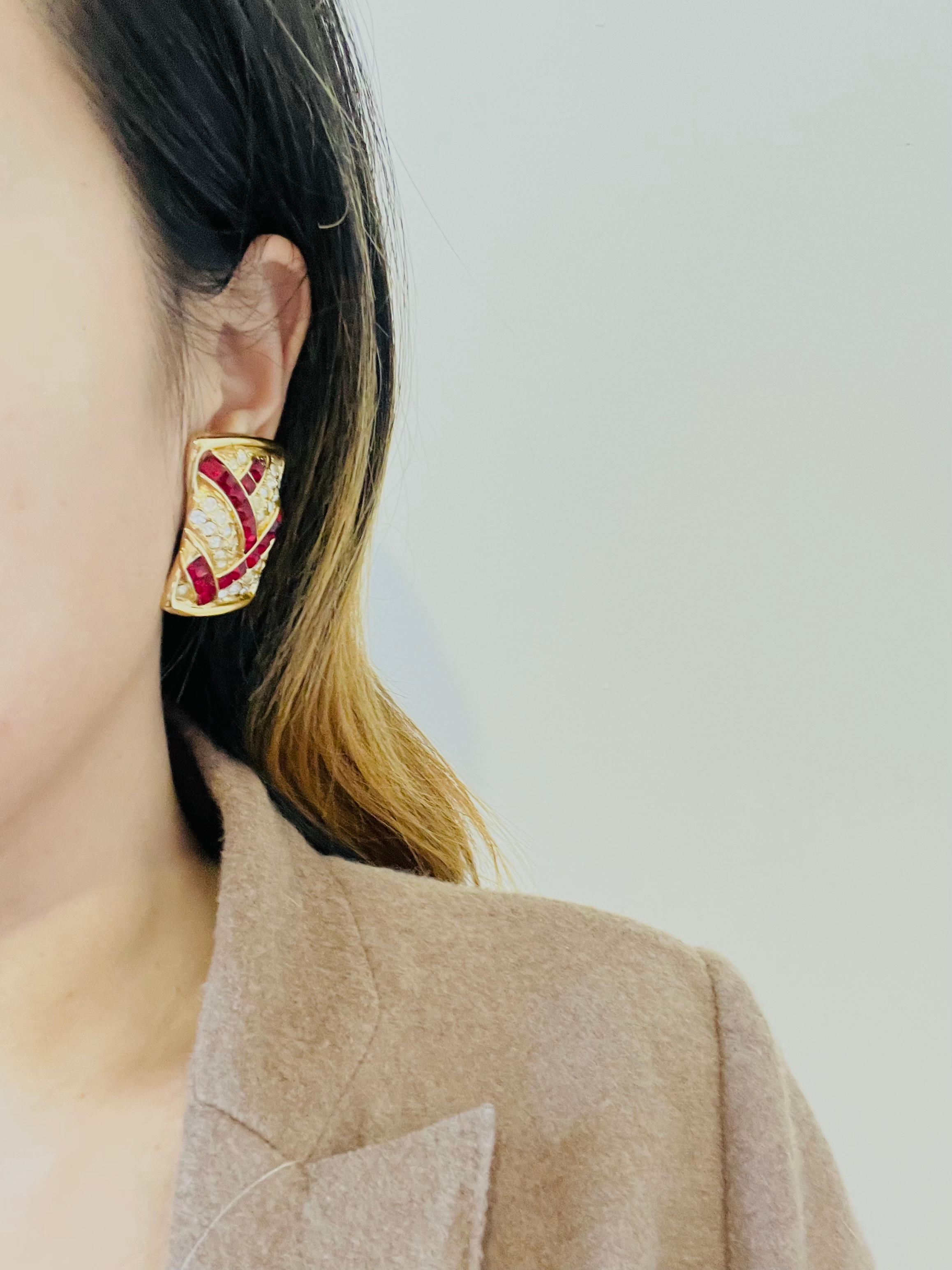Yves Saint Laurent YSL Vintage Massive Rectangle Ruby Crystal Clip Gold Earrings For Sale 9