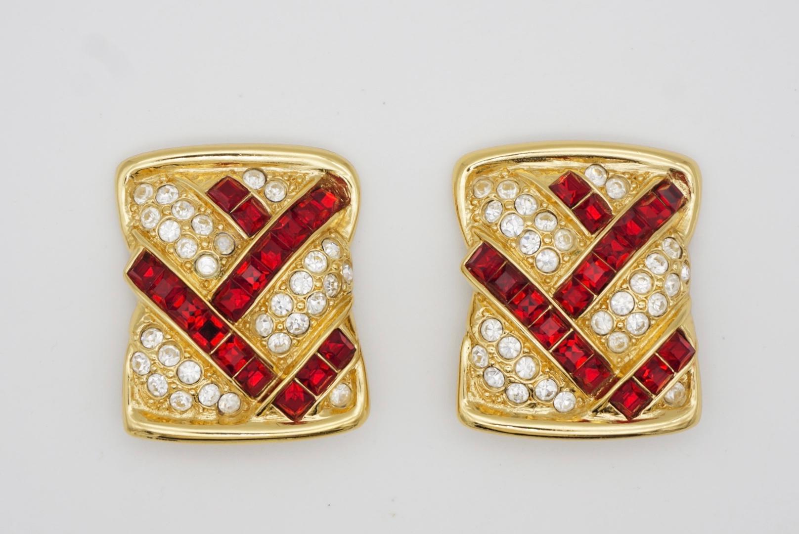 Yves Saint Laurent YSL Vintage Massive Rectangle Ruby Crystal Clip Gold Earrings For Sale 3