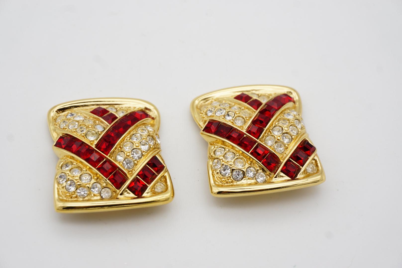 Yves Saint Laurent YSL Vintage Massive Rectangle Ruby Crystal Clip Gold Earrings For Sale 4