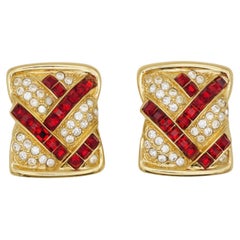 Yves Saint Laurent YSL Retro Massive Rectangle Ruby Crystal Clip Gold Earrings
