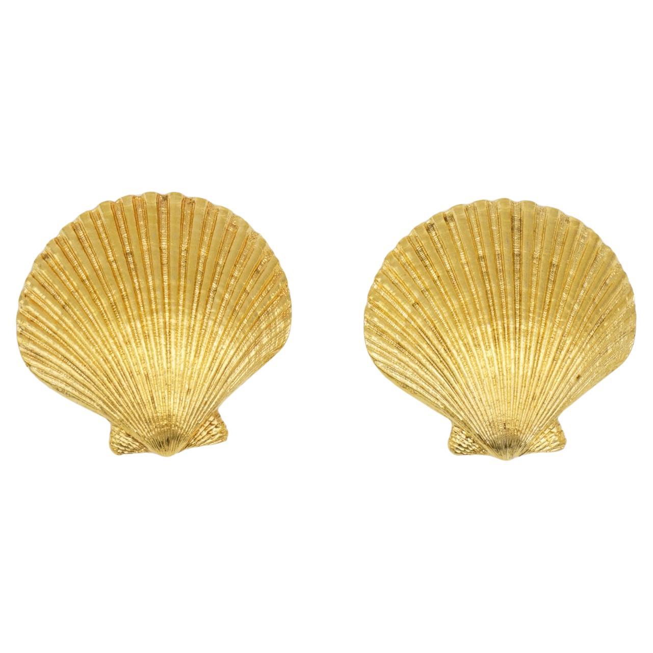 Yves Saint Laurent YSL Vintage Massive Textured Vivid Shell Gold Clip Earrings  For Sale