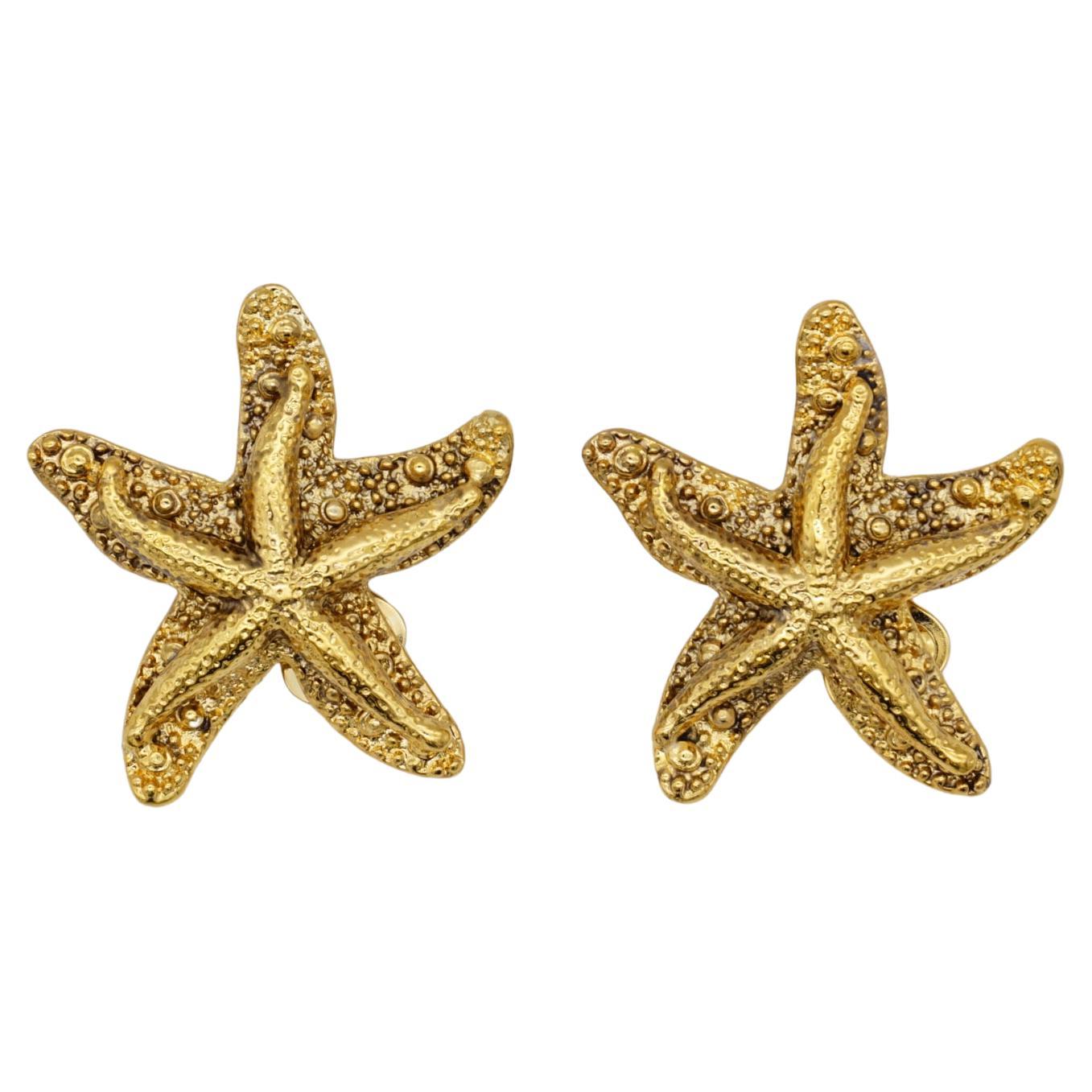 Yves Saint Laurent YSL Vintage Massive Textured Vivid Starfishes Clip Earrings For Sale