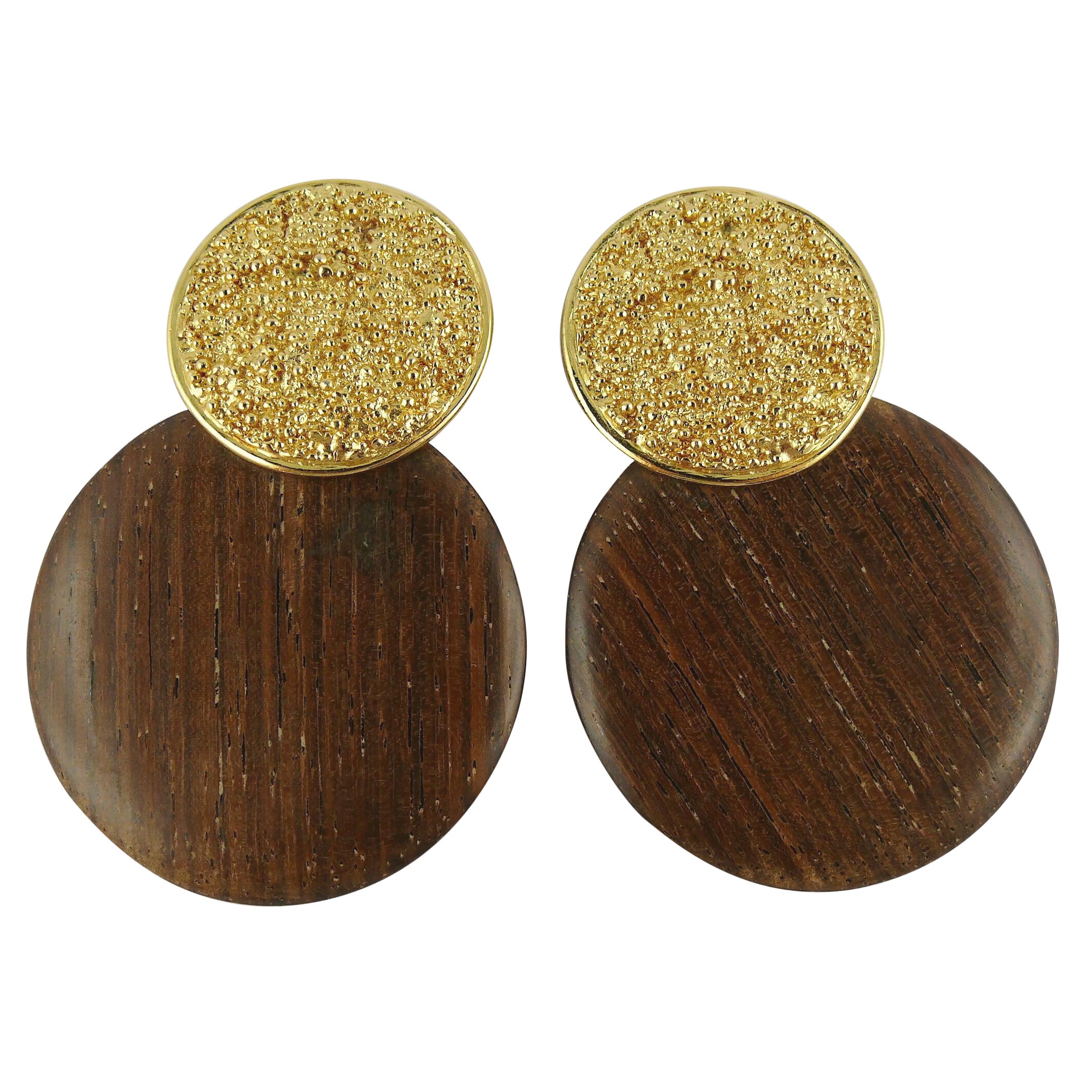 Yves Saint Laurent YSL Vintage Pendientes colgantes de disco de madera maciza en venta