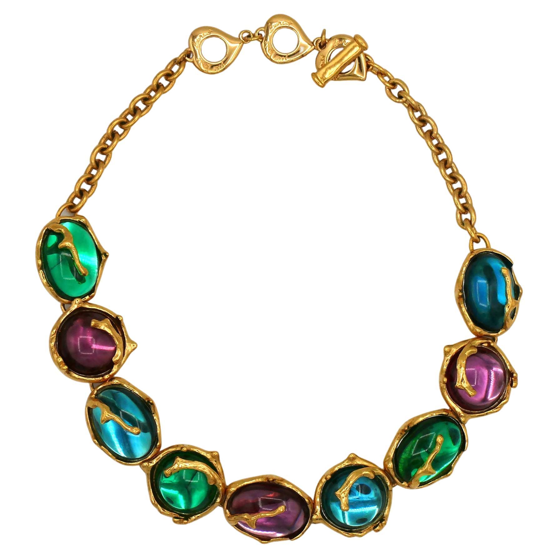 YVES SAINT LAURENT YSL Vintage Multicolored Resin Cabochons Necklace For Sale