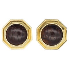 Yves Saint Laurent YSL Vintage Octagon Circle Round Brown Chunky Gold Earrings