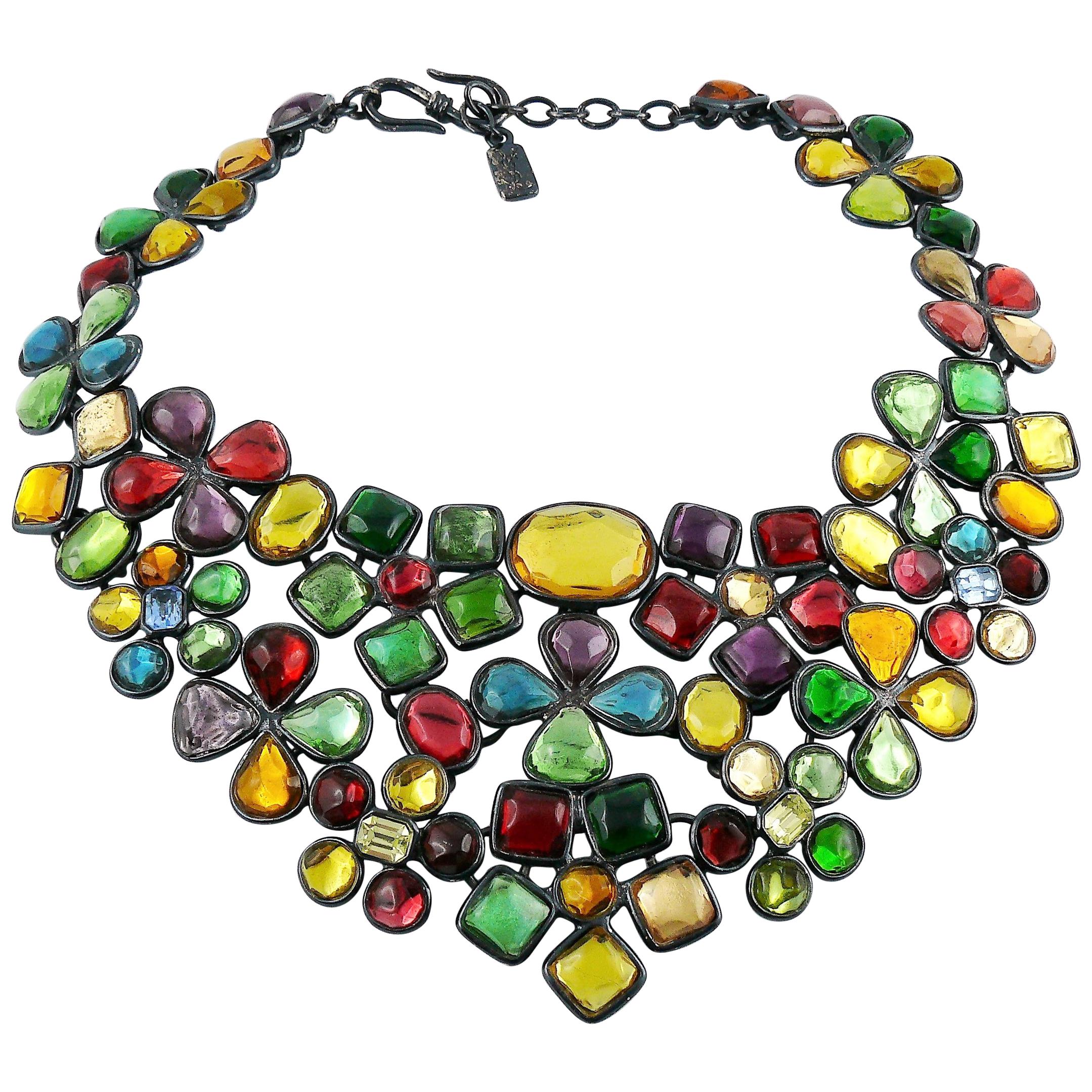 Yves Saint Laurent YSL Vintage Opulent Colourful Resin Floral Bib Necklace
