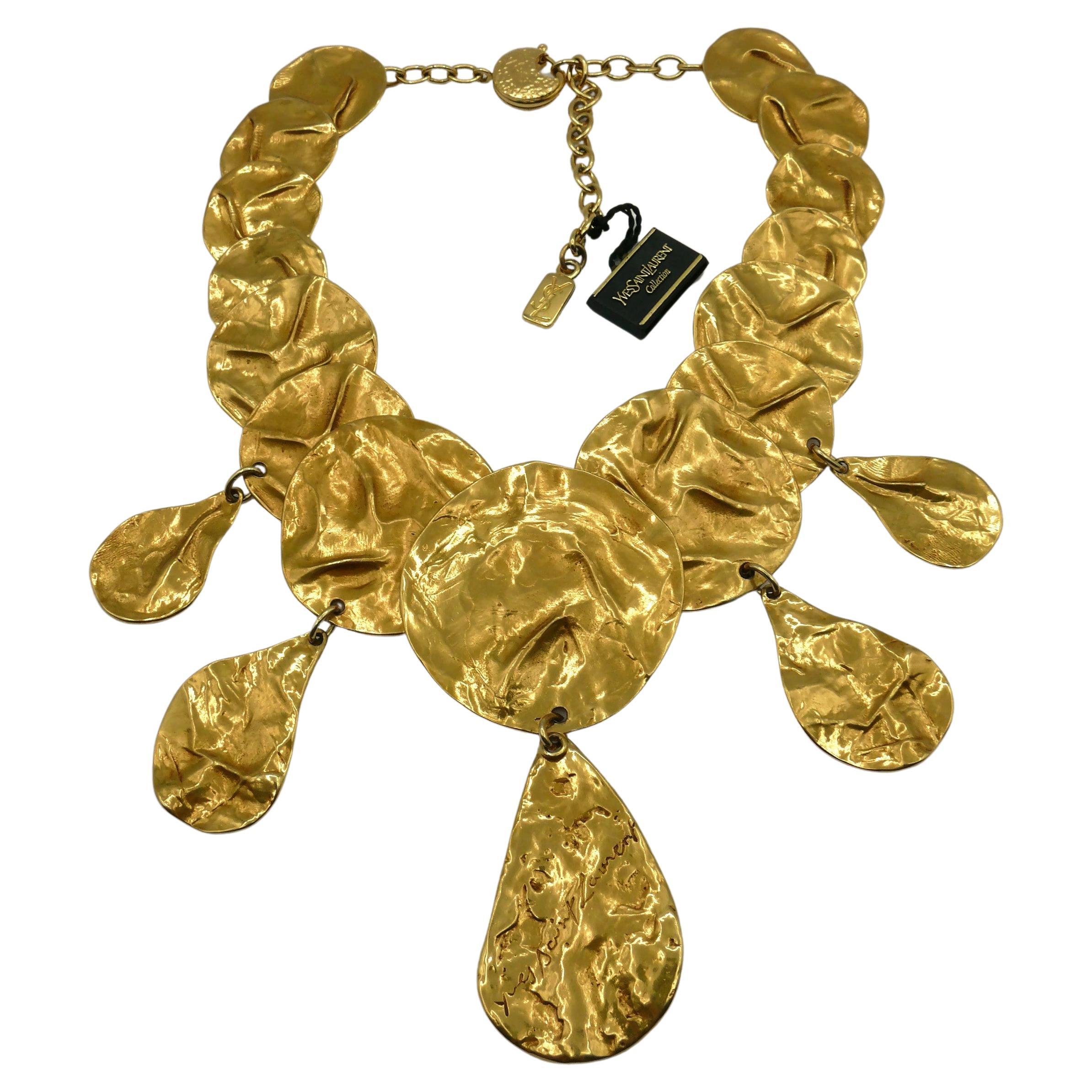 YVES SAINT LAURENT YSL Vintage Opulent Gold Tone Crumpled Discs Necklace For Sale