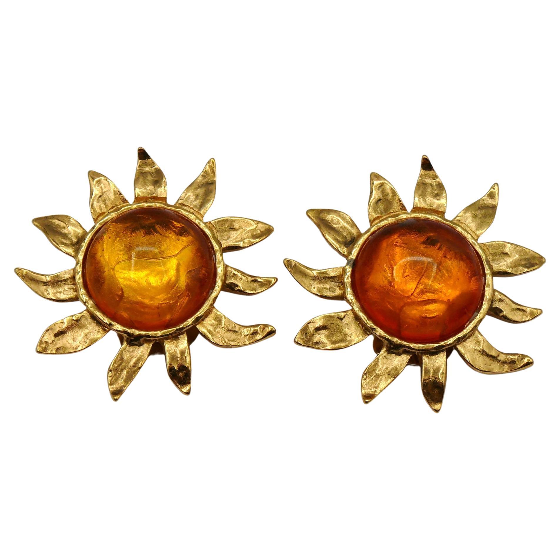 YVES SAINT LAURENT YSL Vintage Orange Cabochon Sun Clip-On Earrings For Sale