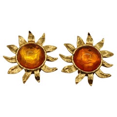 YVES SAINT LAURENT YSL Vintage Orange Cabochon Sun Clip-On Earrings