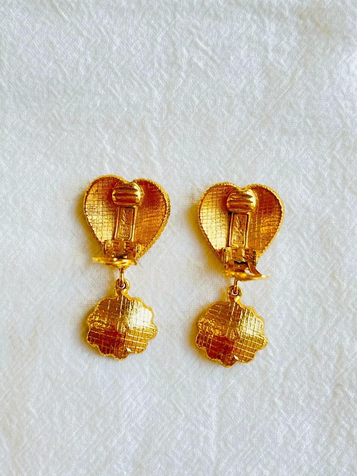 Yves Saint Laurent YSL Vintage Orange Heart Love Floral Pearl Drop Clip Earrings For Sale 9
