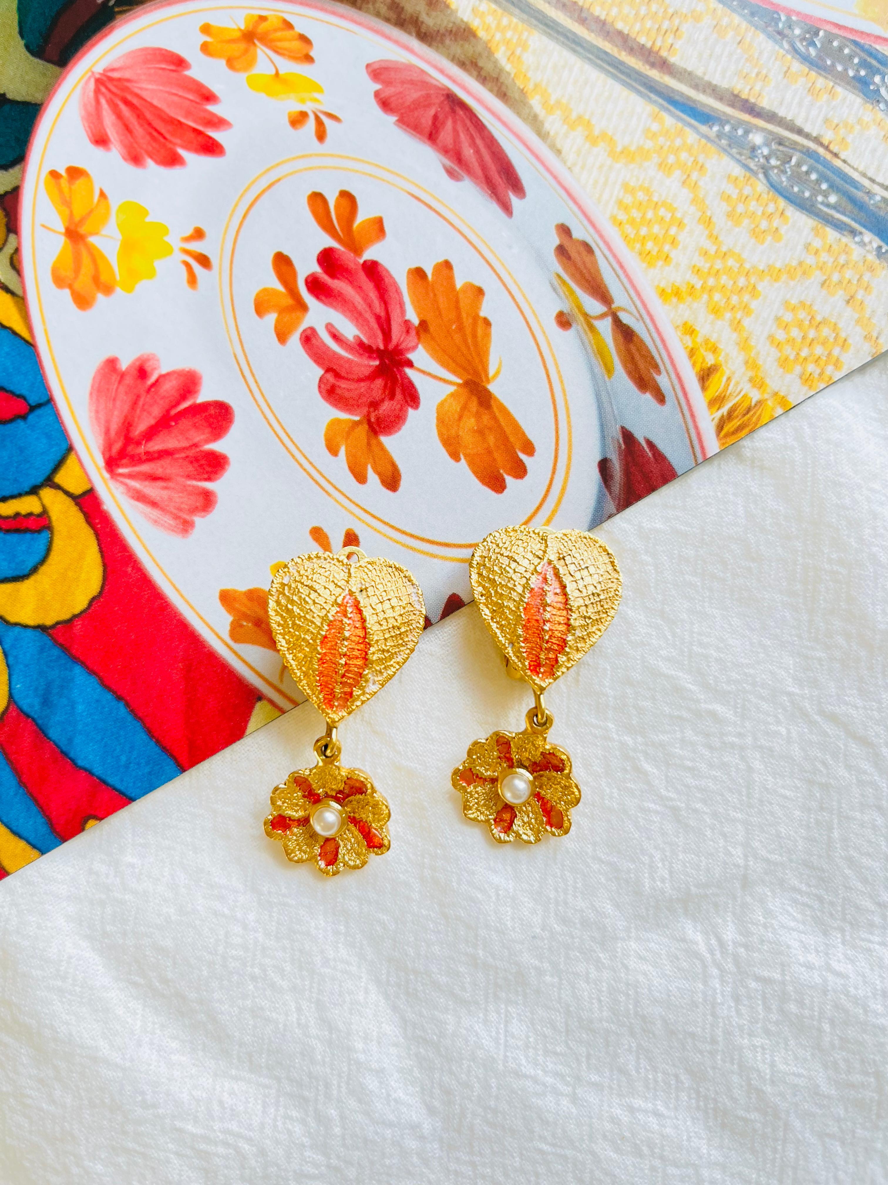 Yves Saint Laurent YSL Vintage Orange Heart Love Floral Pearl Drop Clip Earrings In Good Condition For Sale In Wokingham, England