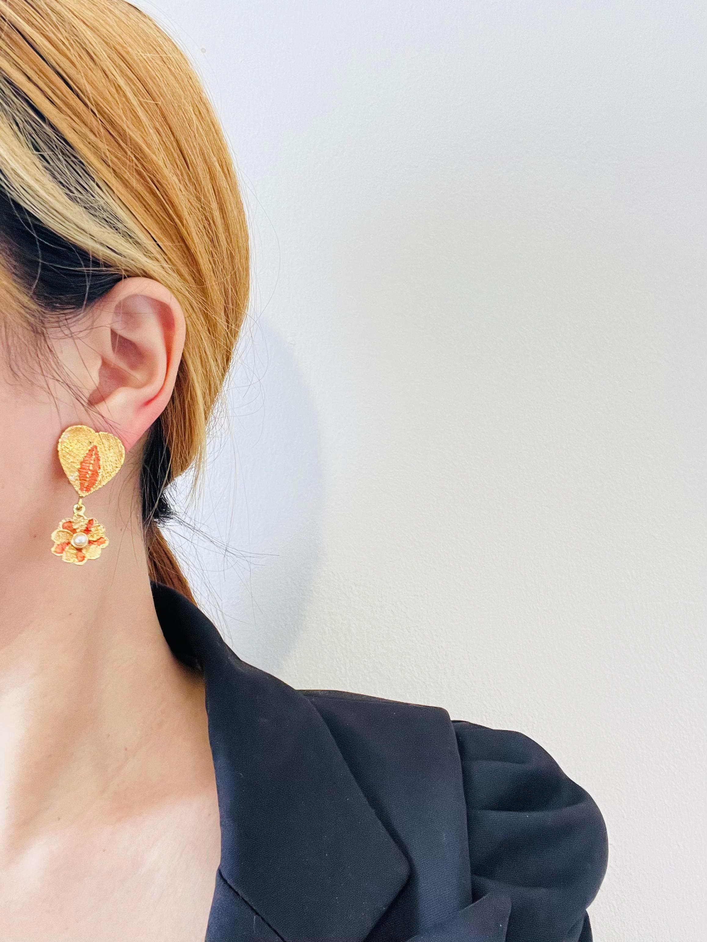 Yves Saint Laurent YSL Vintage Orange Heart Love Floral Pearl Drop Clip Earrings For Sale 1