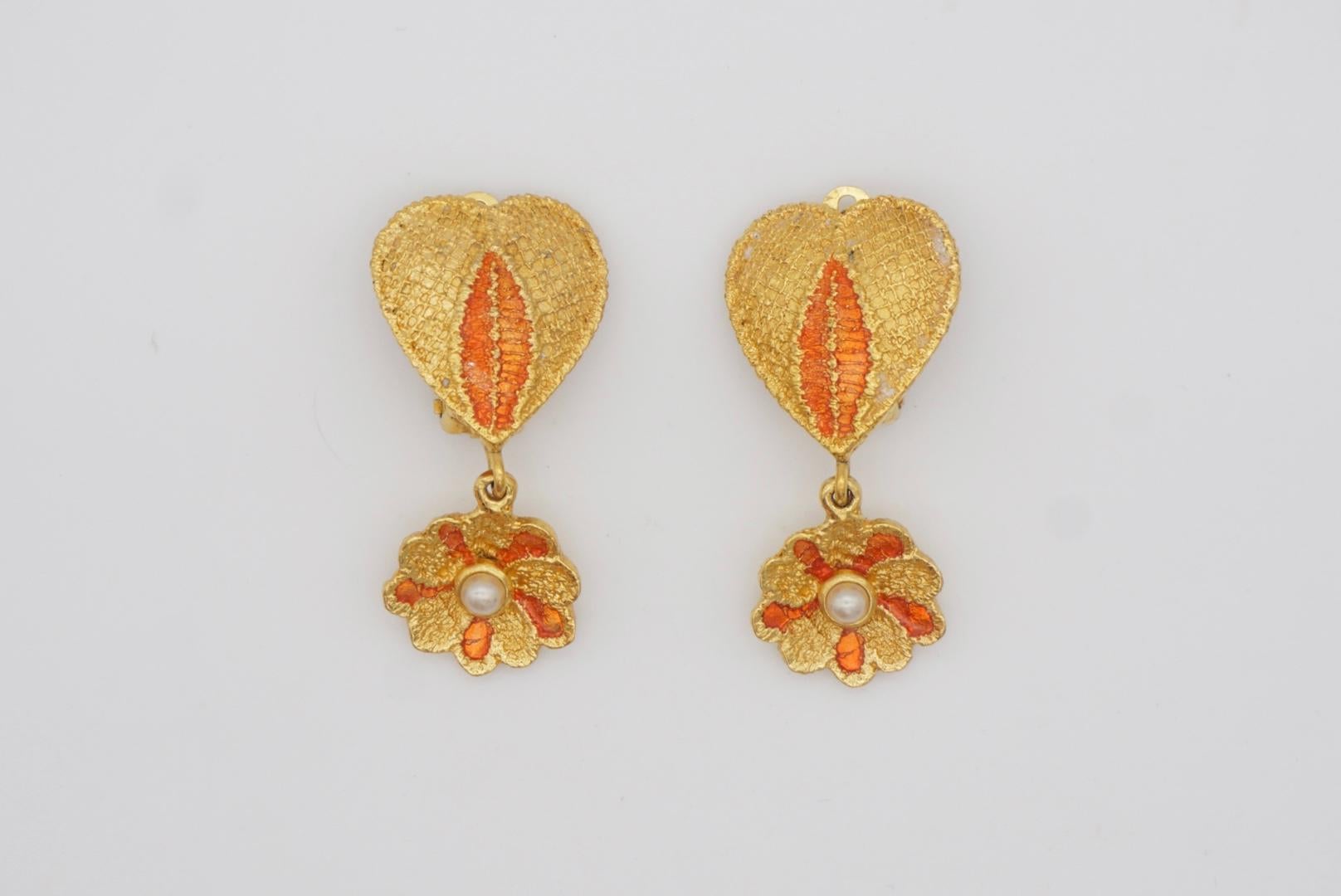 Yves Saint Laurent YSL Vintage Orange Heart Love Floral Pearl Drop Clip Earrings For Sale 2