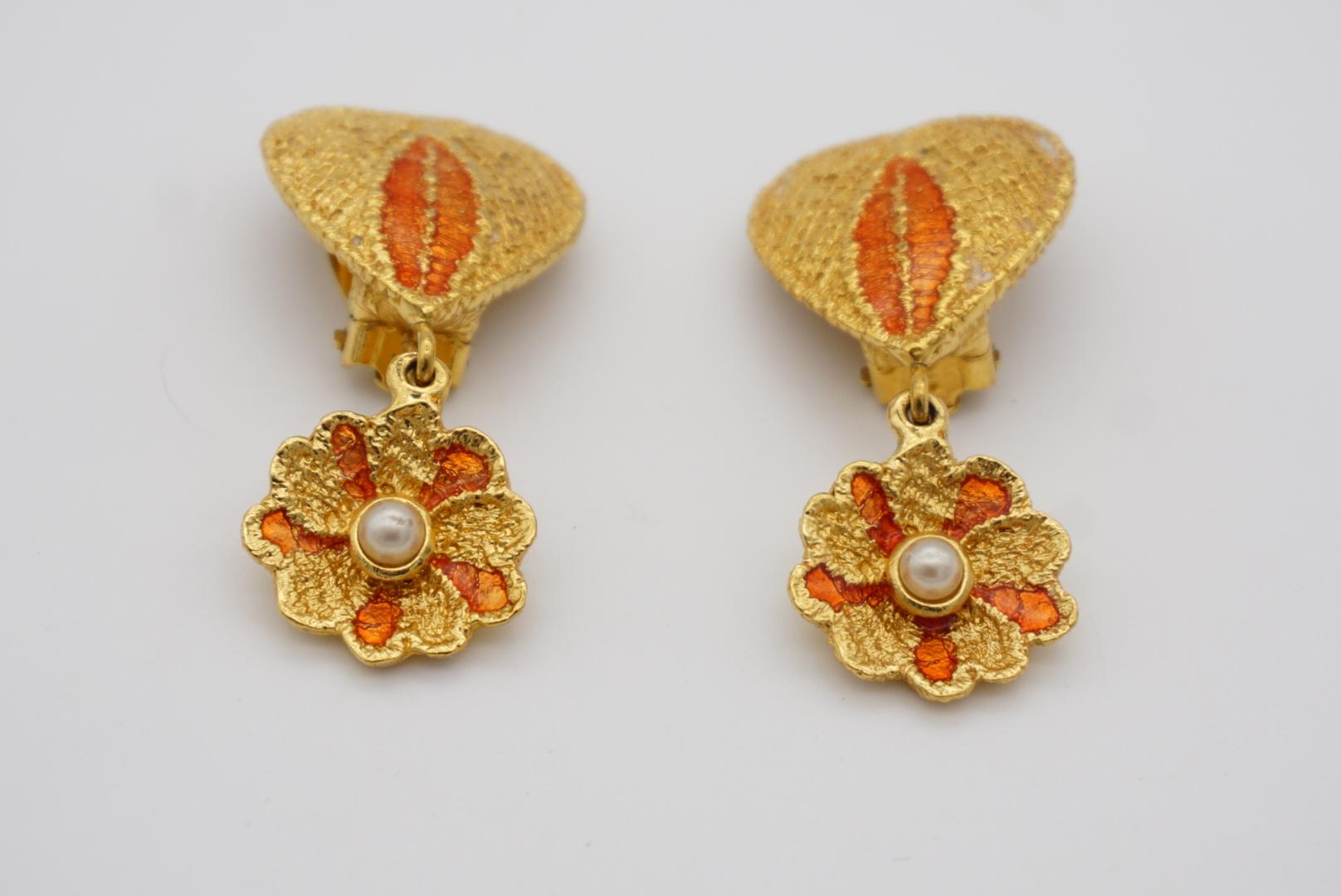 Yves Saint Laurent YSL Vintage Orange Heart Love Floral Pearl Drop Clip Earrings For Sale 4