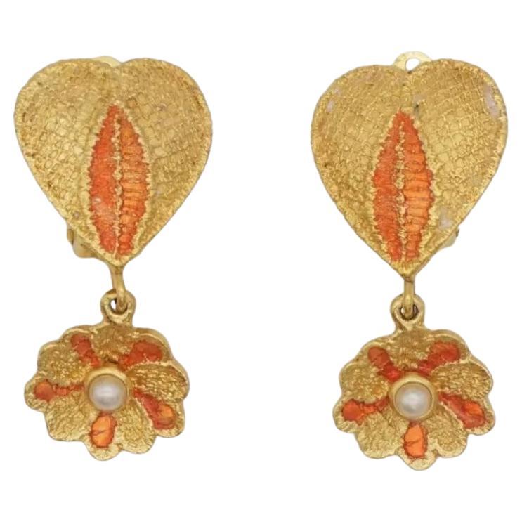 Yves Saint Laurent YSL Vintage Orange Heart Love Floral Pearl Drop Clip Earrings For Sale