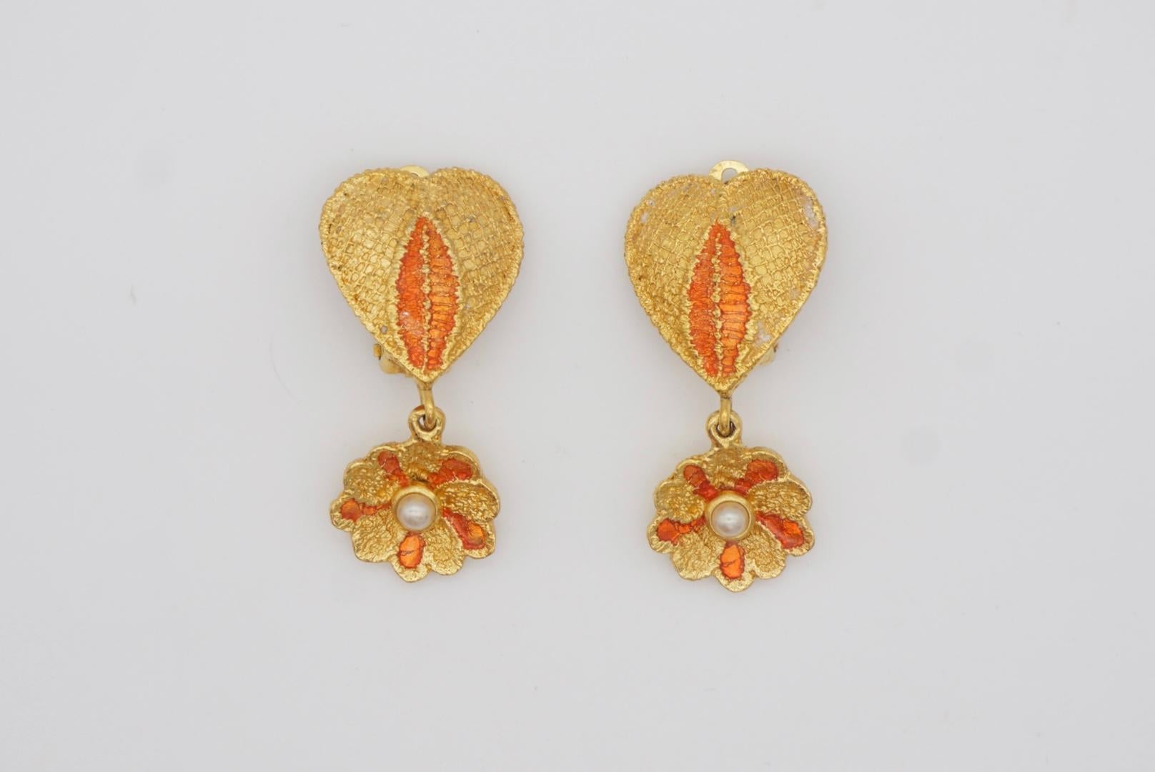 Yves Saint Laurent YSL Vintage Orange Heart Love Flower Pearl Drop Clip Earrings For Sale 1