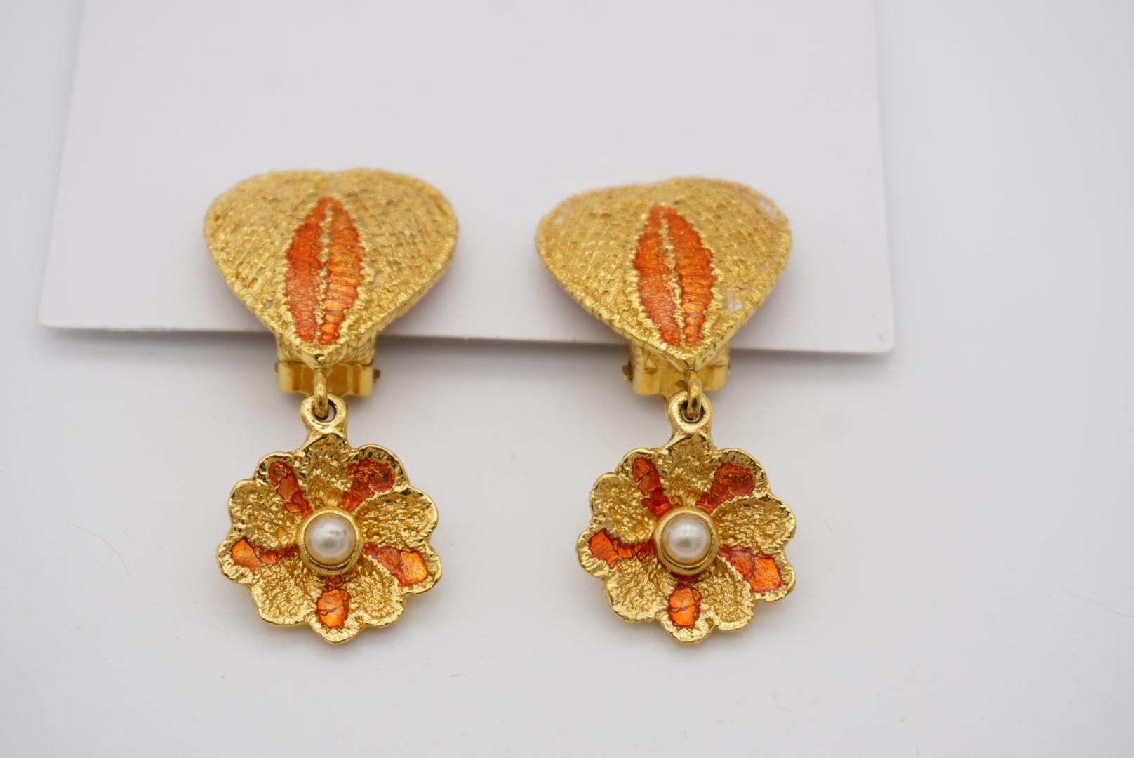 Yves Saint Laurent YSL Vintage Orange Heart Love Flower Pearl Drop Clip Earrings For Sale 2