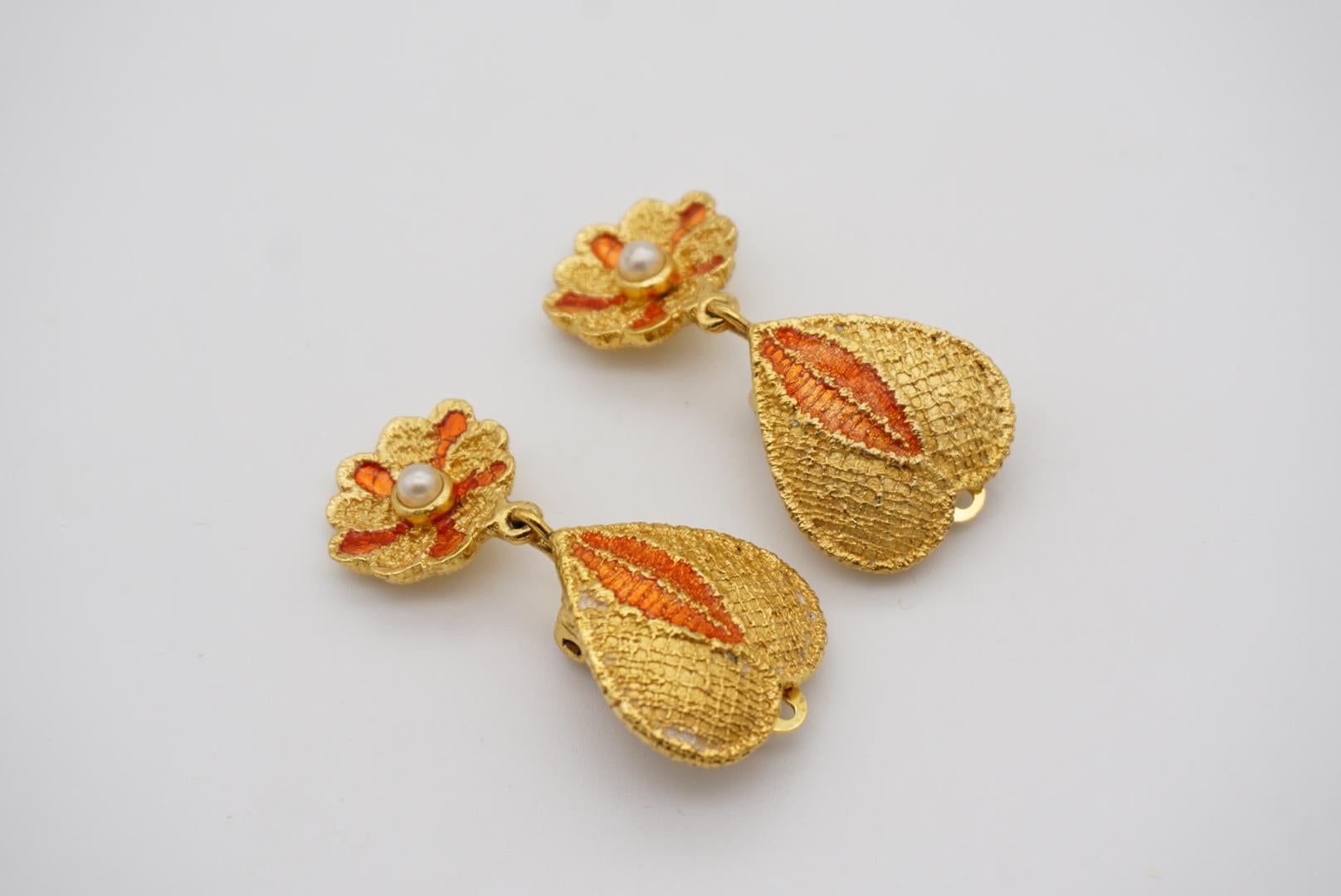 Yves Saint Laurent YSL Vintage Orange Heart Love Flower Pearl Drop Clip Earrings For Sale 4