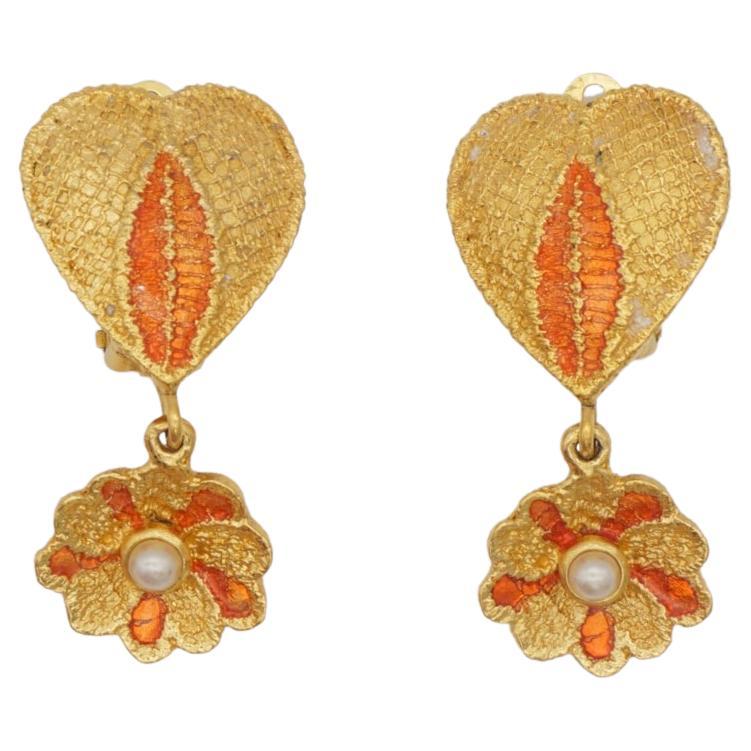Yves Saint Laurent YSL Vintage Orange Heart Love Flower Pearl Drop Clip Earrings For Sale