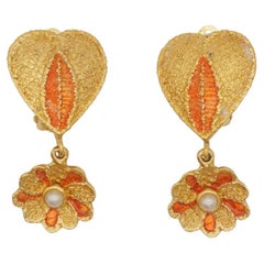 Yves Saint Laurent YSL Vintage Orange Heart Love Flower Pearl Drop Clip Earrings