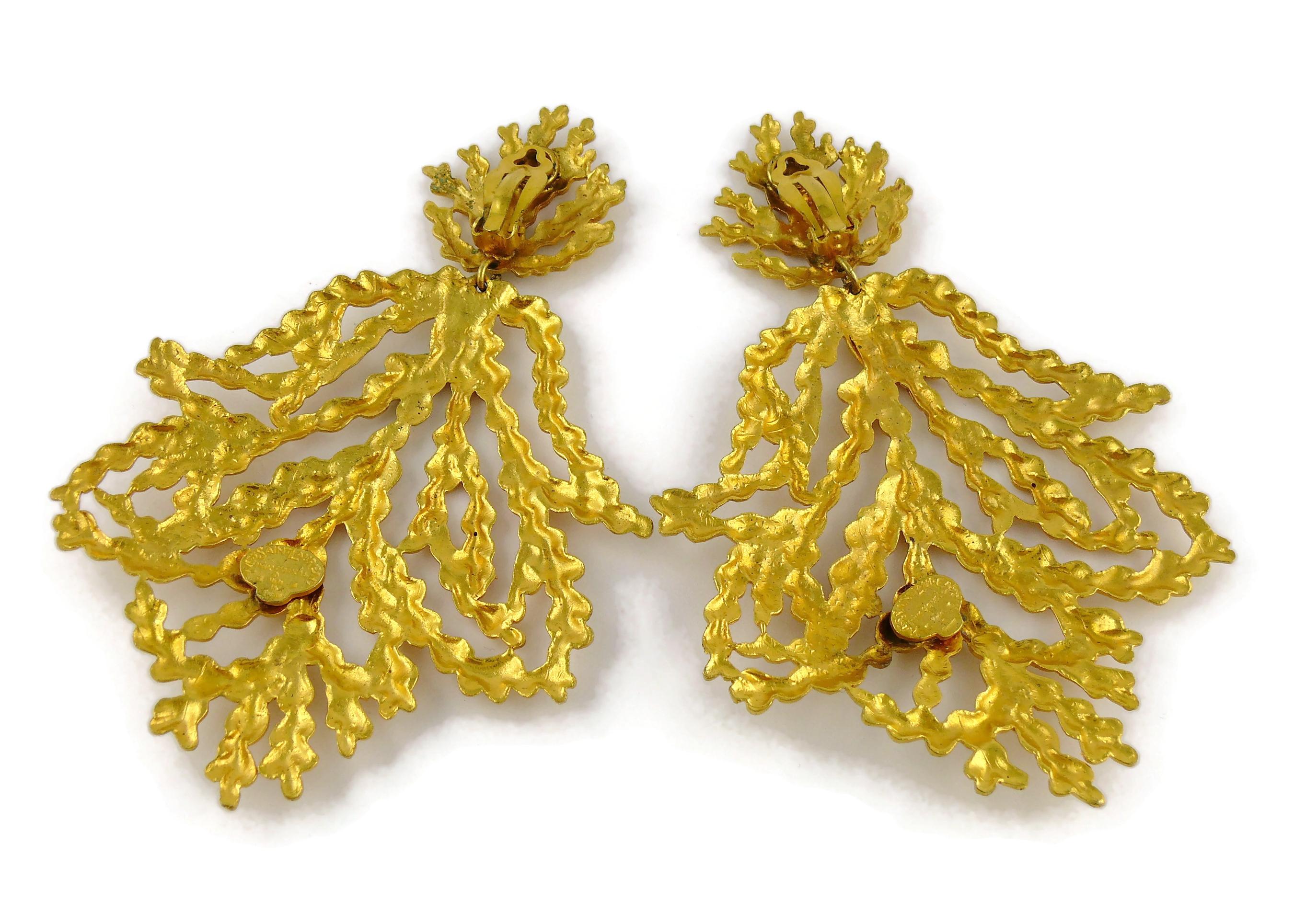 Yves Saint Laurent YSL Vintage Oversized Gold Toned Foliage Dangling Earrings 3