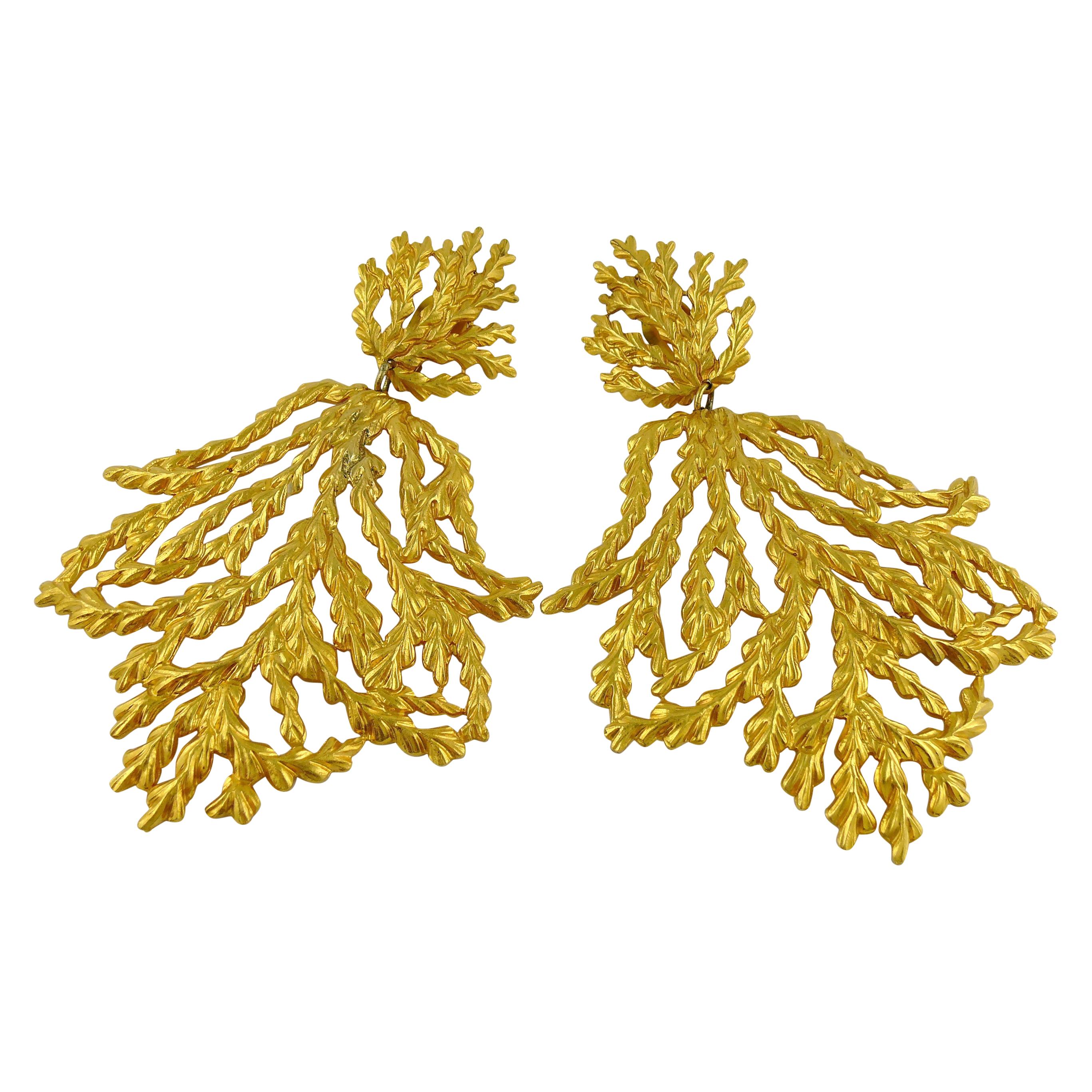 Yves Saint Laurent YSL Vintage Oversized Gold Toned Foliage Dangling Earrings
