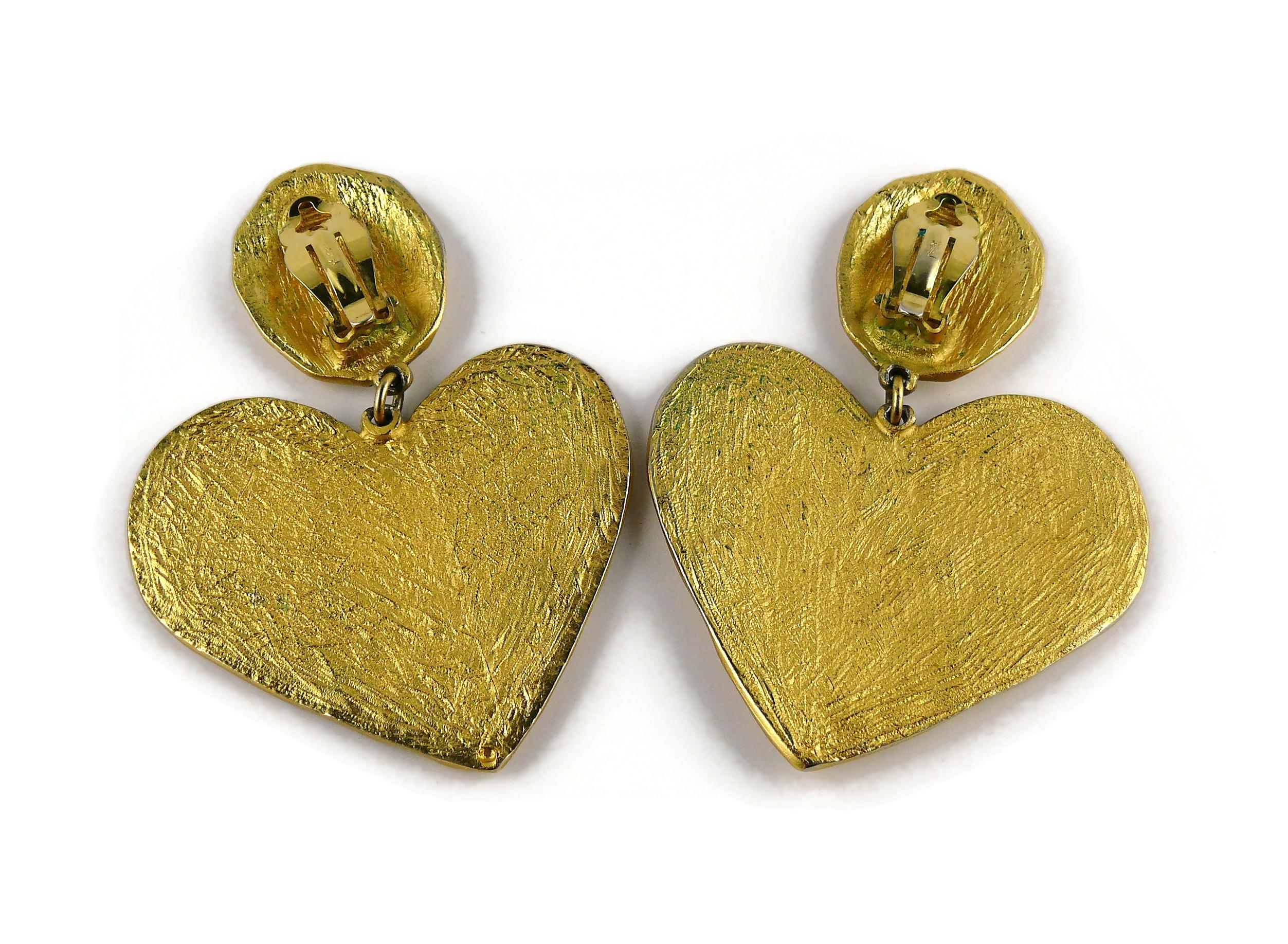 Yves Saint Laurent YSL Vintage Oversized Hammered Heart Dangling Earrings For Sale 1