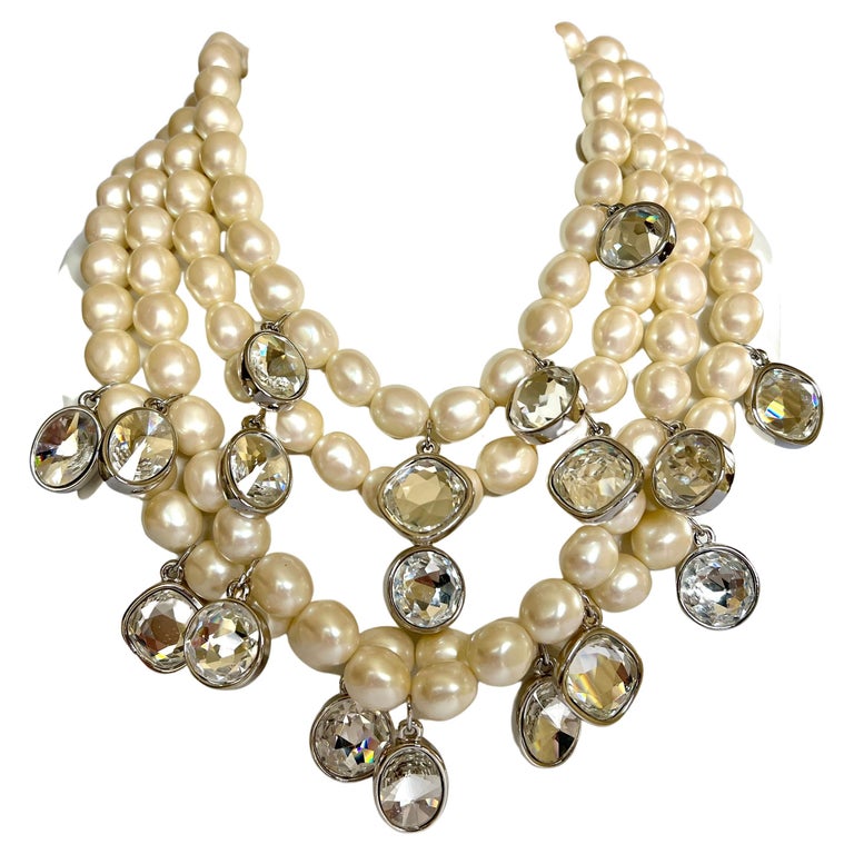 Coco Chanel Vintage Triple Strand Pearl Diamante Statement Necklace