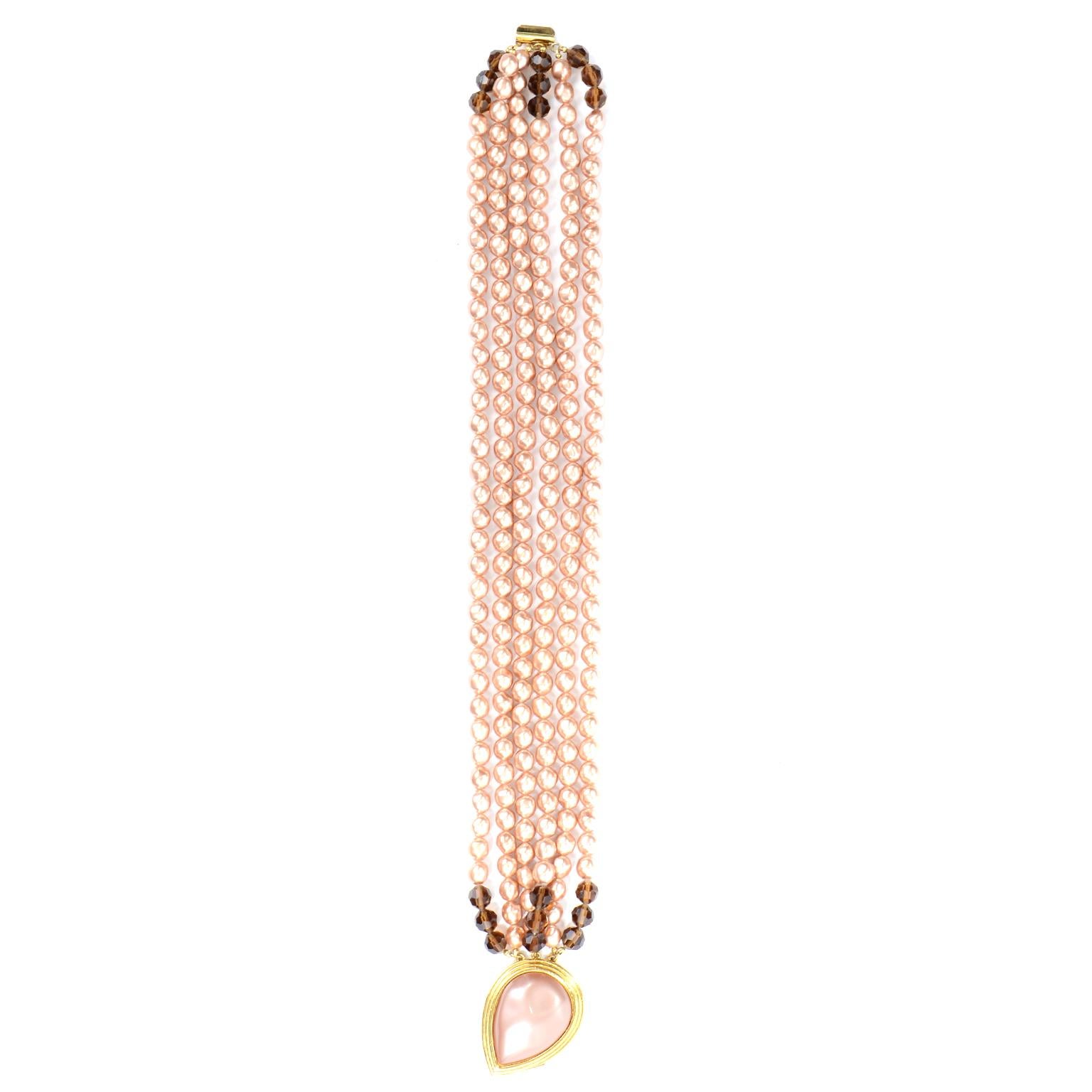 Yves Saint Laurent YSL Vintage Pink Pearl & Crystal Multi Strand Necklace In Excellent Condition In Portland, OR