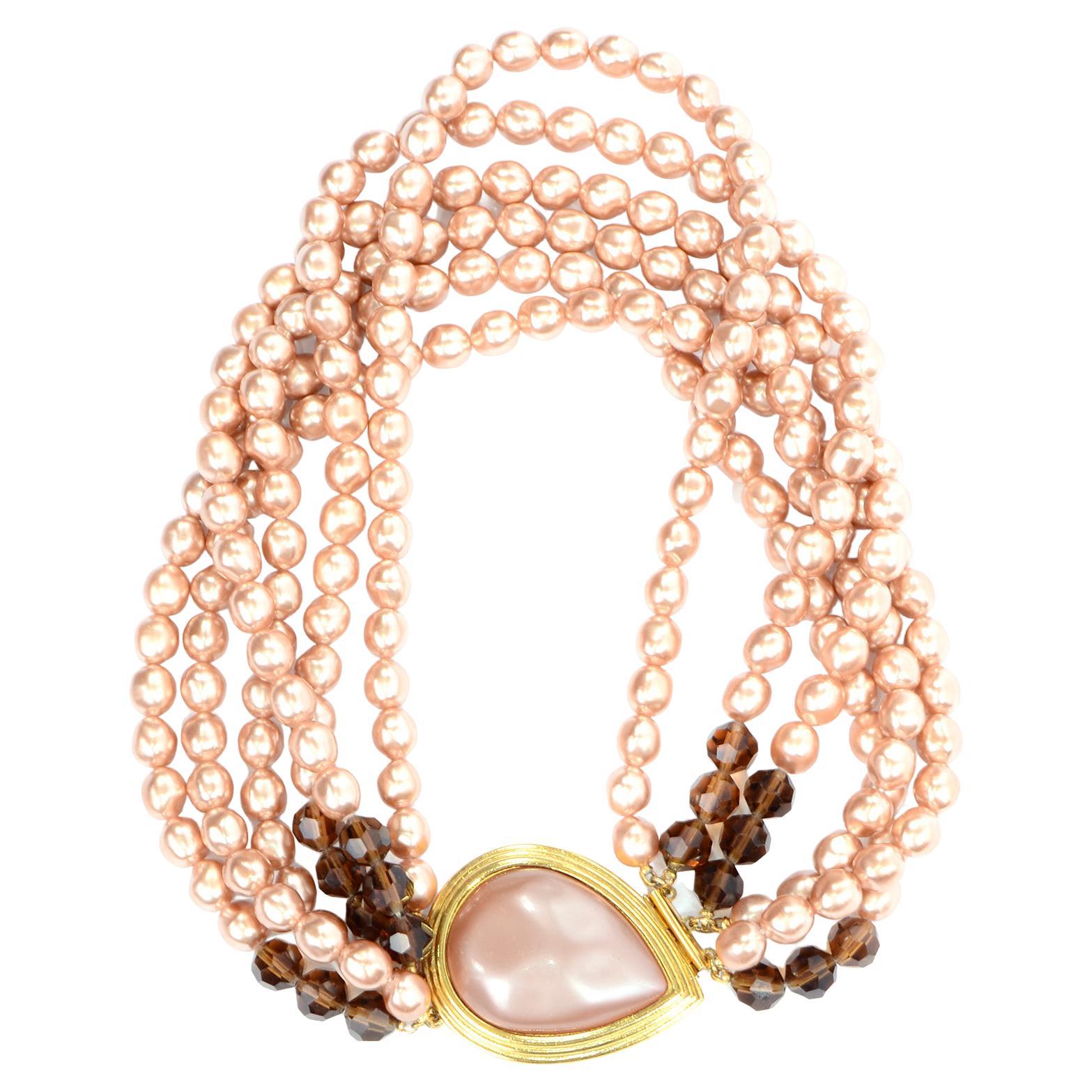 Yves Saint Laurent YSL Vintage Pink Pearl & Crystal Multi Strand Necklace