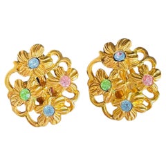 Yves Saint Laurent YSL Vintage Rare Arty Gold Green Blue Pink Crystals Earrings