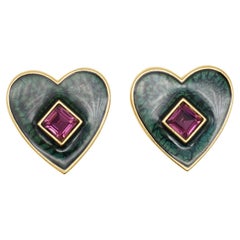 Yves Saint Laurent YSL Vintage Rare Gold Green Heart Amethyst Cube Earrings