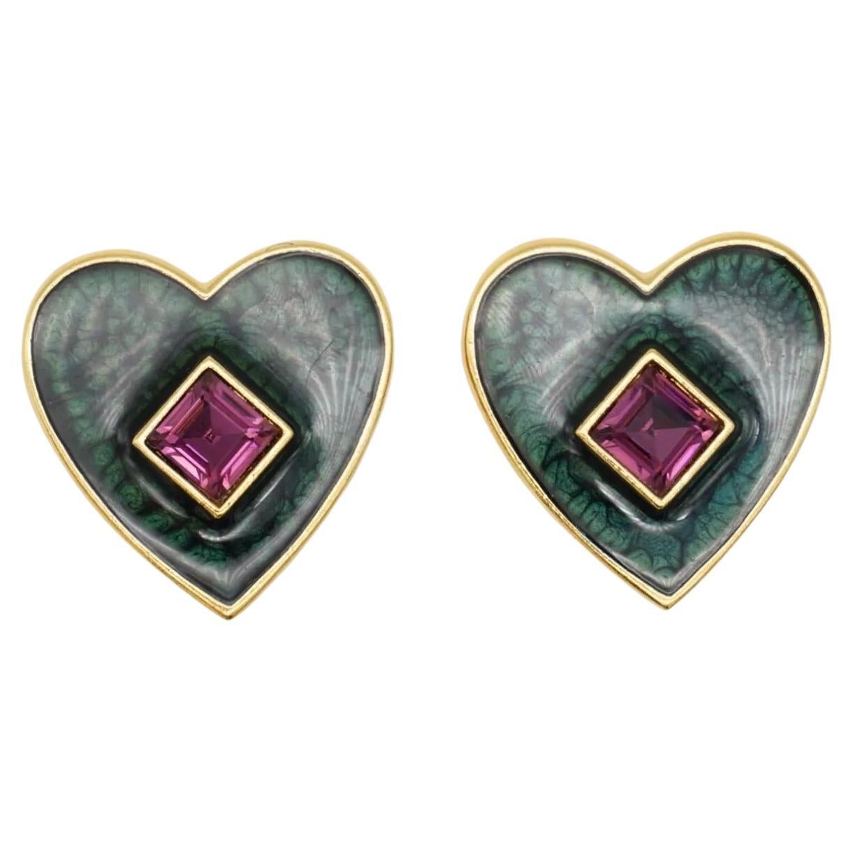 Yves Saint Laurent YSL Vintage Rare Gold Green Heart Amethyst Cube Earrings