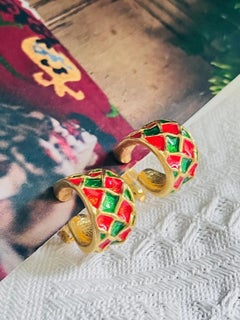 Yves Saint Laurent YSL Vintage Rare Gold Matelassé Holiday Red Green Earrings