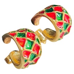 Yves Saint Laurent YSL Vintage Rare Gold Matelassé Holiday Red Green Earrings