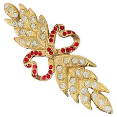 Yves Saint Laurent YSL Vintage Rare Gold Red Ruby Heart Crystals Feather Brooch