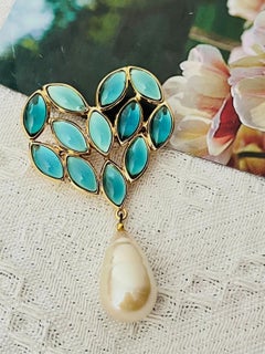 Yves Saint Laurent YSL Vintage Rare Turquoise Heart Crystals Pearl Chunky Brooch