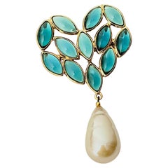 Yves Saint Laurent YSL Vintage Rare Turquoise Heart Crystals Pearl Chunky Brooch