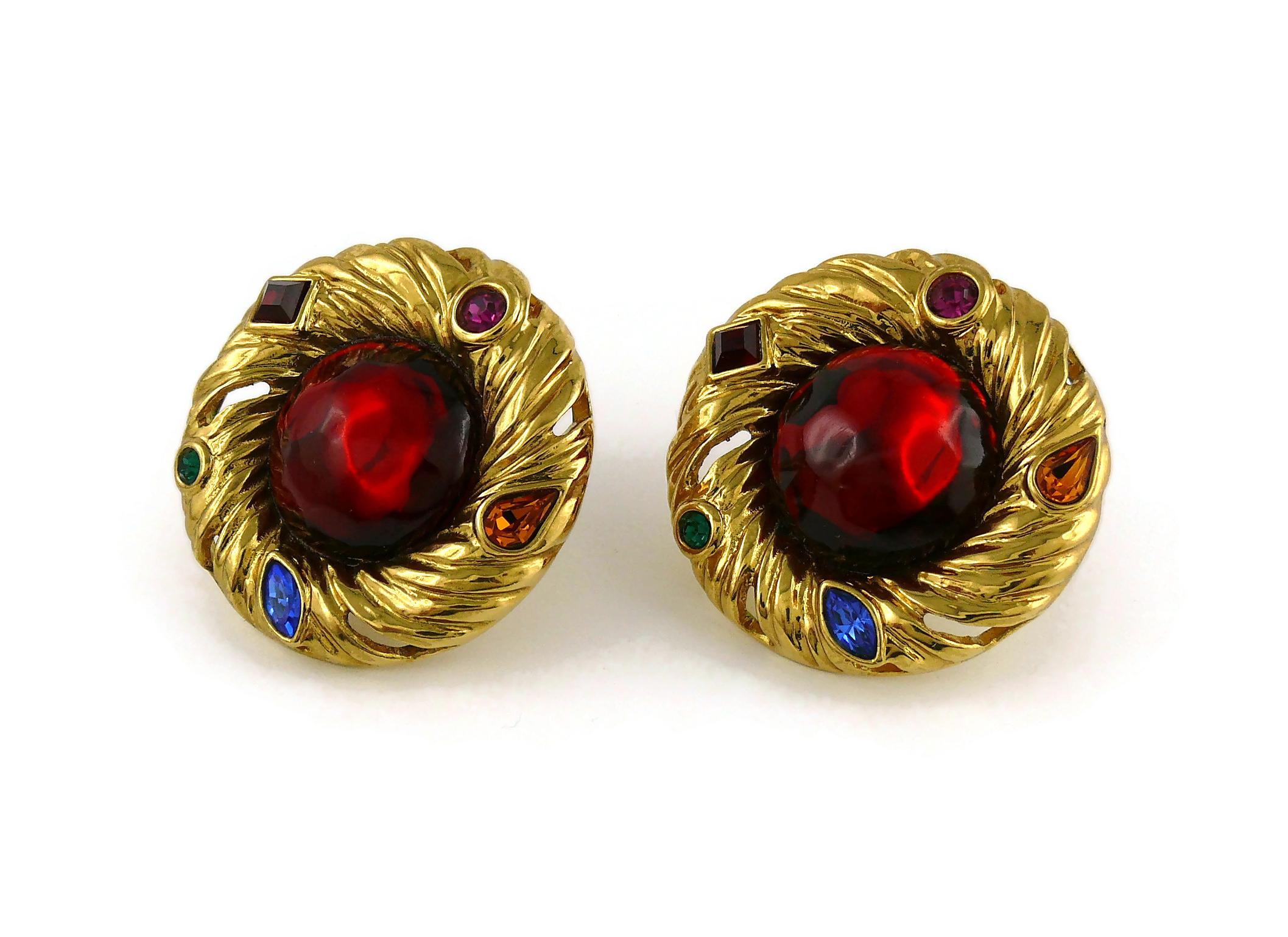 Yves Saint Laurent YSL Vintage Red Cabochon Jewelled Clip-On Earrings 1